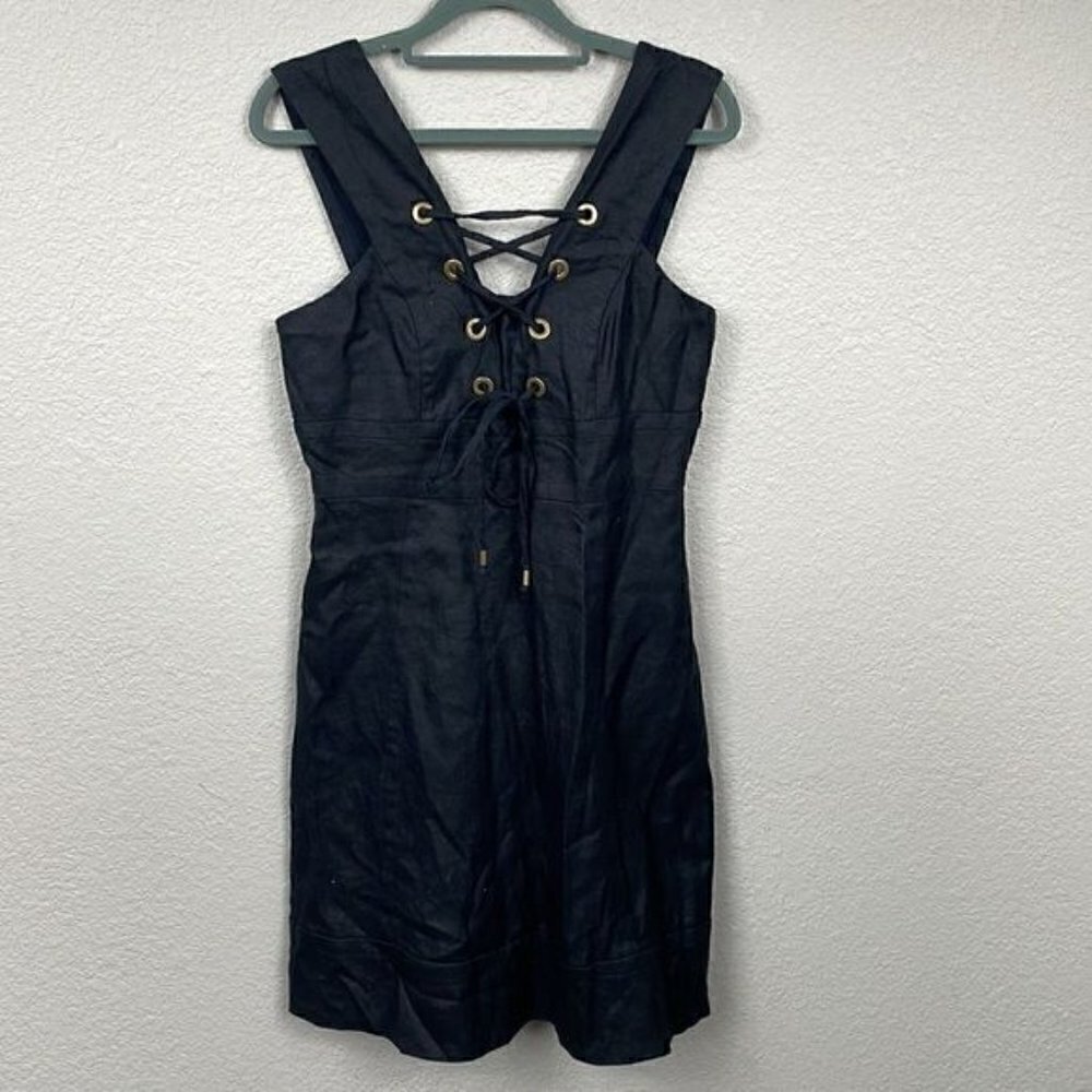 J Crew Linen Lace Up Tie Black Mini Dress Sleeveless V Neck LBD Sz 4